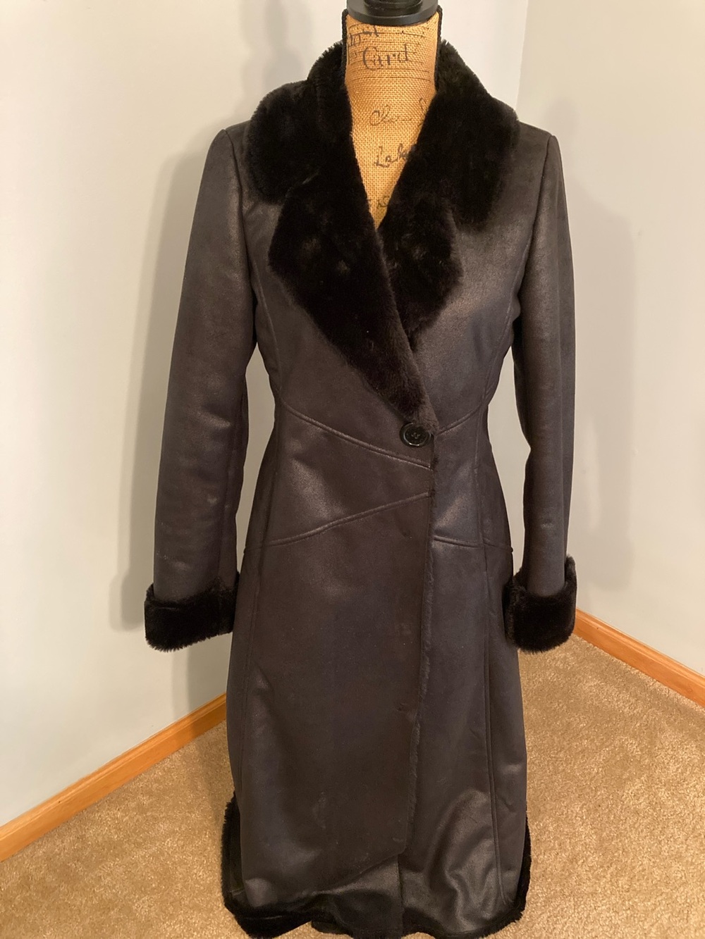 Via Spiga Black Long Faux Shearling Coat with Fur Trim Women Size Small